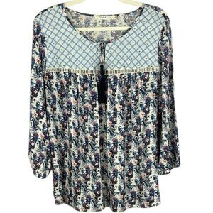 Solitaire Blue & White Floral Tie Front 3/4 Sleeve Bib Collar Blouse Size Large